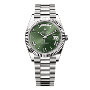 Clean Factory Rolex Day-Date 40mm 228239 President, Olive Green Dial, Platinum Fluted Bezel, 18K White Gold wrapped 904L Steel, Best Edition 3255 Movement