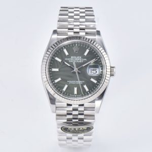 Clean Factory Rolex Datejust 36 Grey Palm Motif Dial Fluted Bezel Jubilee Bracelet 904L Steel 3235 Movement