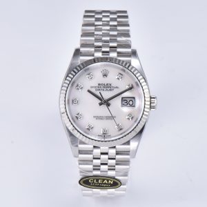 Clean Factory Rolex Datejust 36 White Mica Diamond Dial Fluted Bezel Jubilee Bracelet 904L Steel 3235 Movement