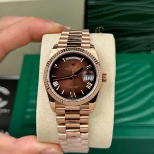 Clean Factory Rolex Day-Date 40mm 228235 President , Chocolate Dial with Baguette Diamonds, Rose Gold Fluted Bezel, 18K RoseGold wrapped 904L Steel, Best Edition 3255 Movement