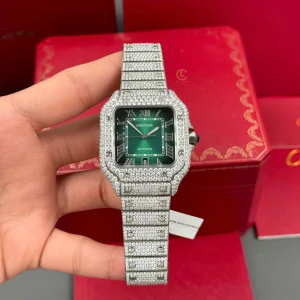 Cartier Santos De Cartier 39.8mm Green Dial Full Moissanite Hongkong Replica 1:1 – Top Quality Version