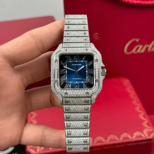 Cartier Santos De Cartier 39.8mm Blue Dial Full Moissanite HongKong Replica 1:1 – Top Quality Version